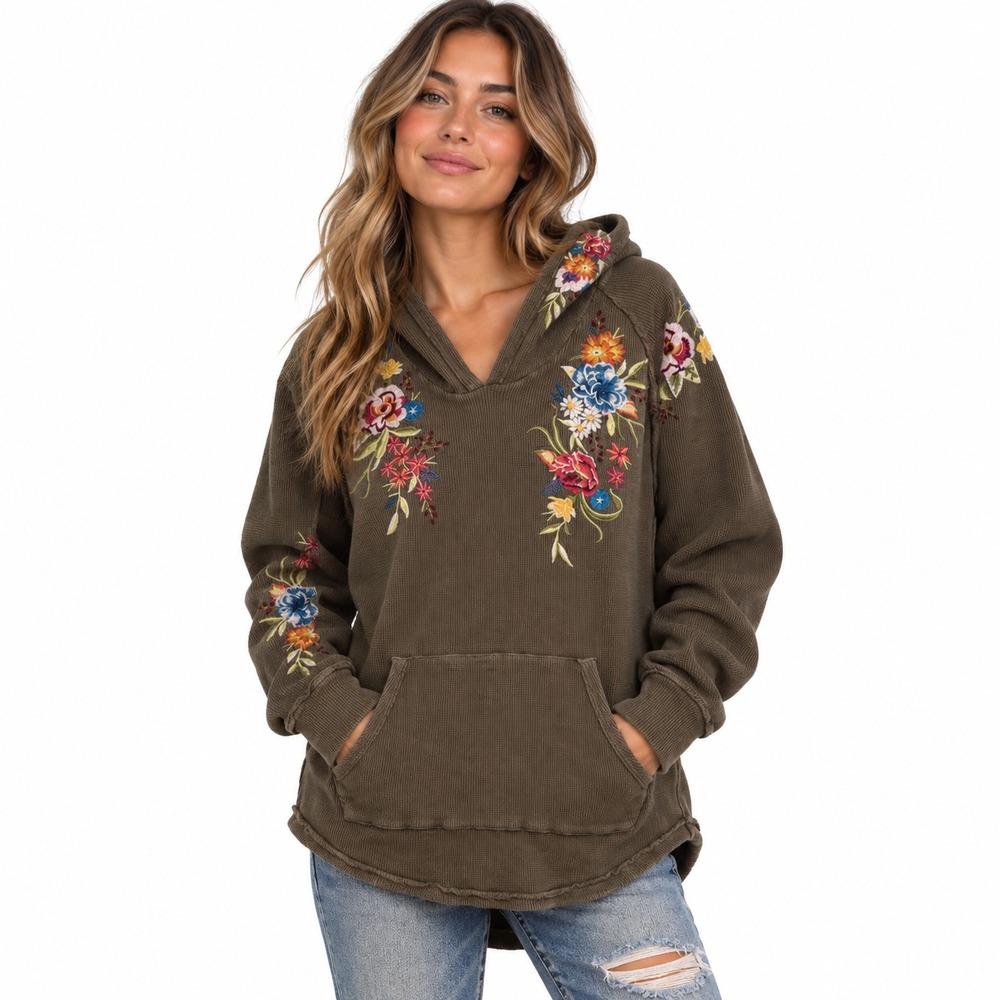 Johnny Was Isla Hoodie Womens L Brown Thermal Waffle Floral Embroidered Boho